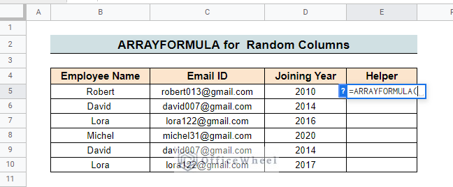 Apply arrayformula function to filter duplicates in google sheets